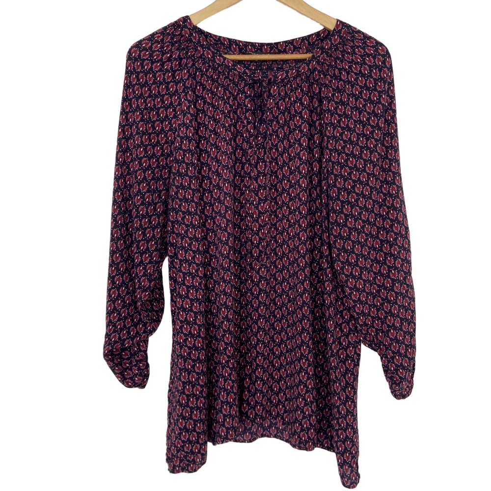 ADDITION ELLE NAVY/RED/PINK 100% RAYON GEOMETRIC PRINT BLOUSE W/TIE NECKLINE, 18